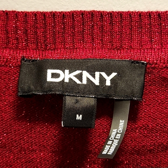 DKNY Size M Red Sweater, Lurex, Semi-sheer sleeves, Crew-neck, Cuff-style wrist - Picture 3 of 8